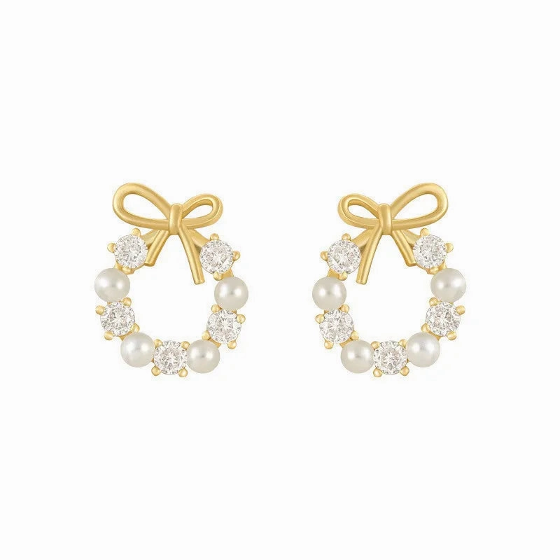 Round Wreath Bow Pearl Stud Earrings Elegant Trend Fashion