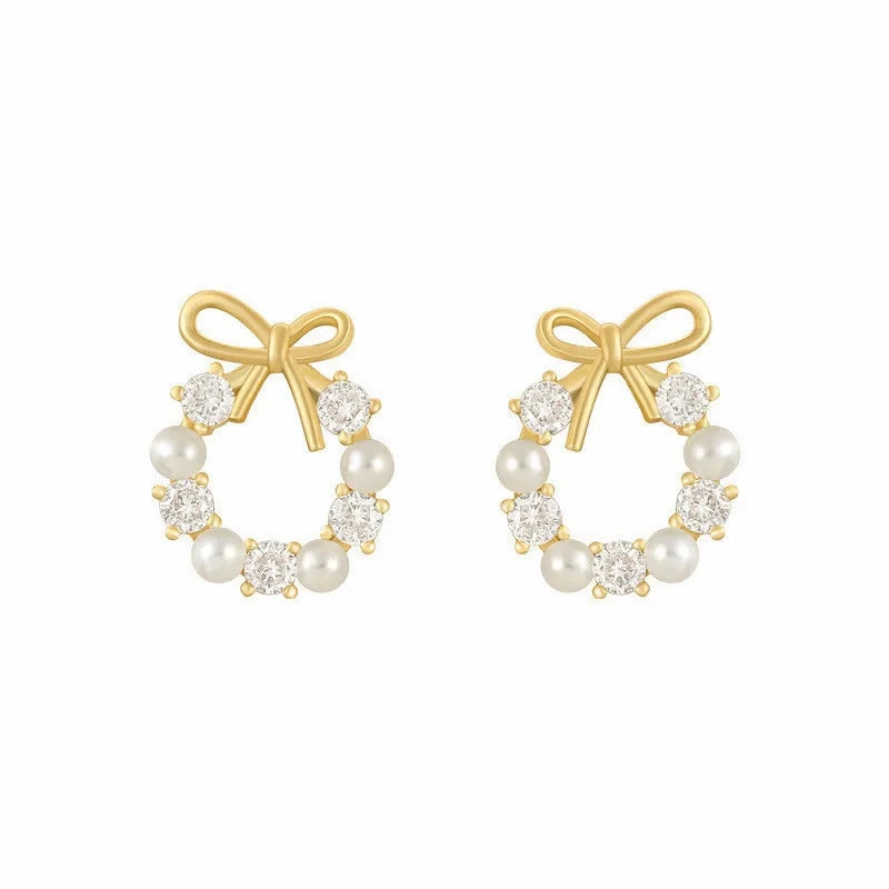 Round Wreath Bow Pearl Stud Earrings Elegant Trend Fashion