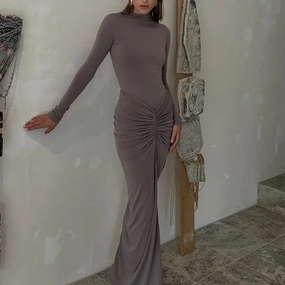 Ruched Mock Neck Maxi Dress Solid Color Bodycon Long Sleeve