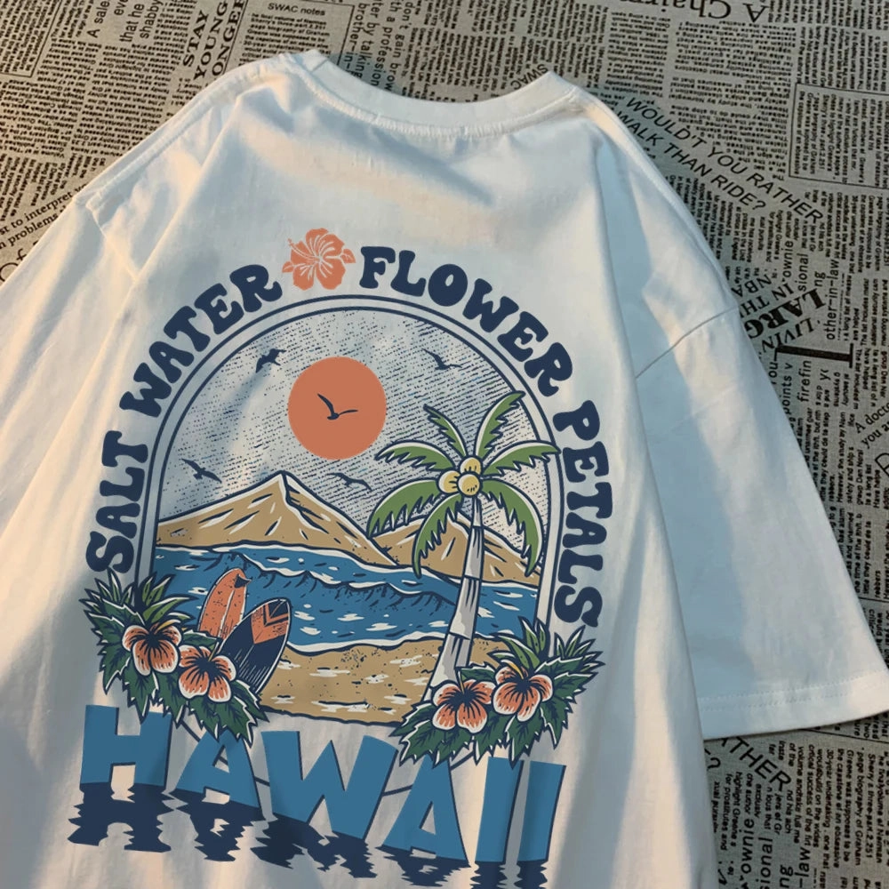 Salt Water Flower Petals Hawaii Print Tshirts for Women Casual Cotton Oversize Hip Hop Tops