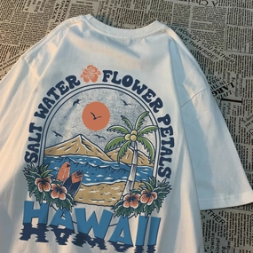 Salt Water Flower Petals Hawaii Print Tshirts for Women Casual Cotton Oversize Hip Hop Tops
