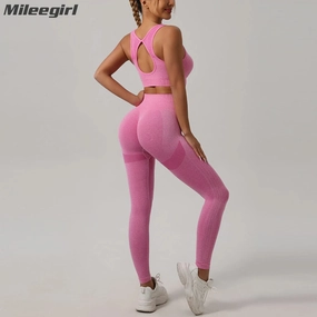 Seamless Women's 2-Piece Workout Set - Push Up Sports Bra & High Waist Yoga Leggings, Breathable & Quick Dry Fitness Apparel