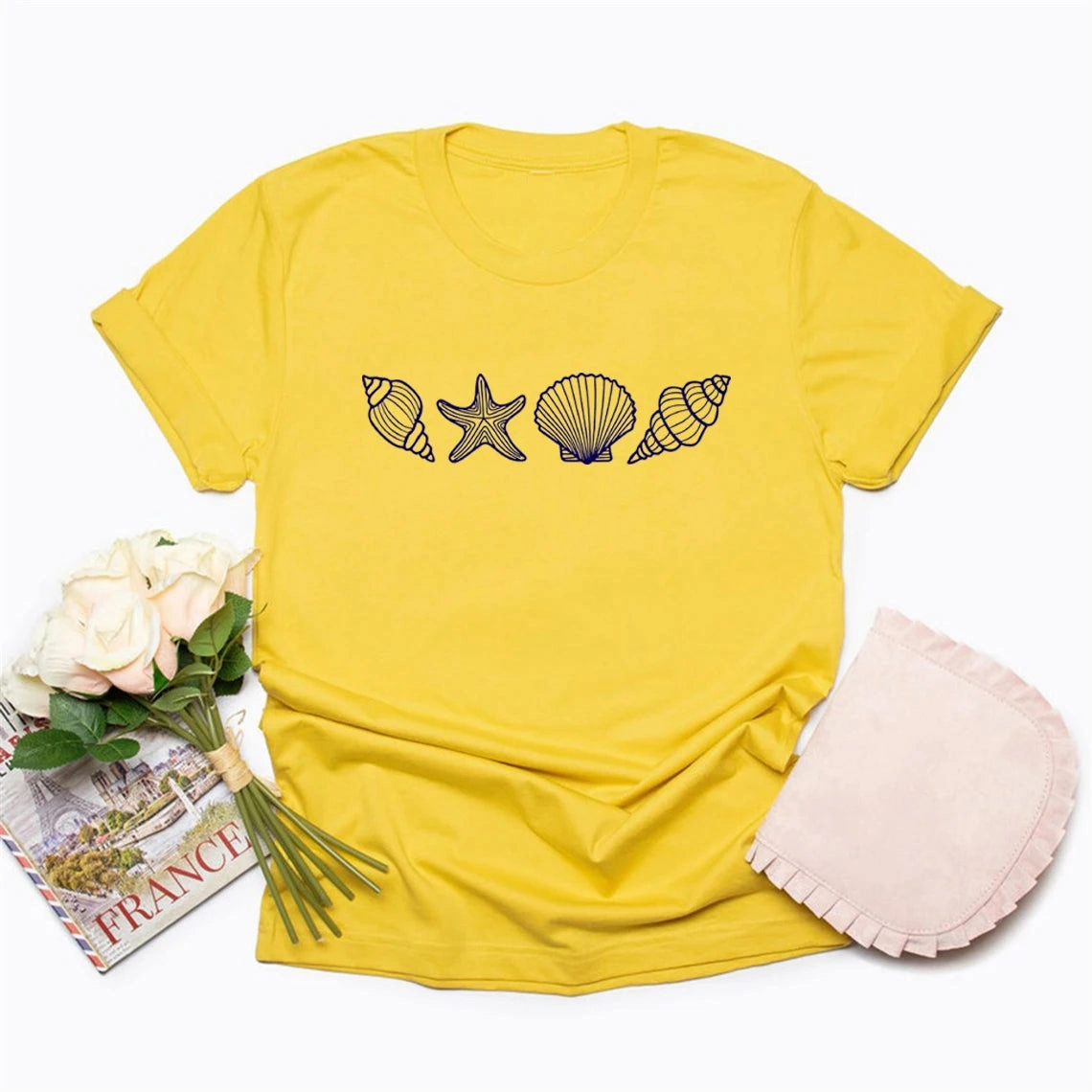 SeaShell Beach T-Shirt for Women Summer Ocean Lover Graphic Tee Short Sleeve Casual Top Vacation Wear