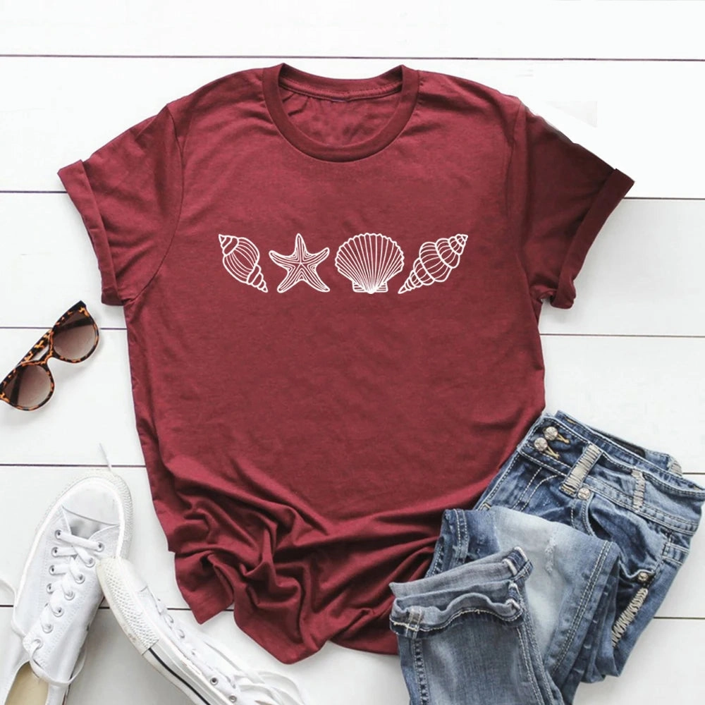 SeaShell Beach T-Shirt for Women Summer Ocean Lover Graphic Tee Short Sleeve Casual Top Vacation Wear