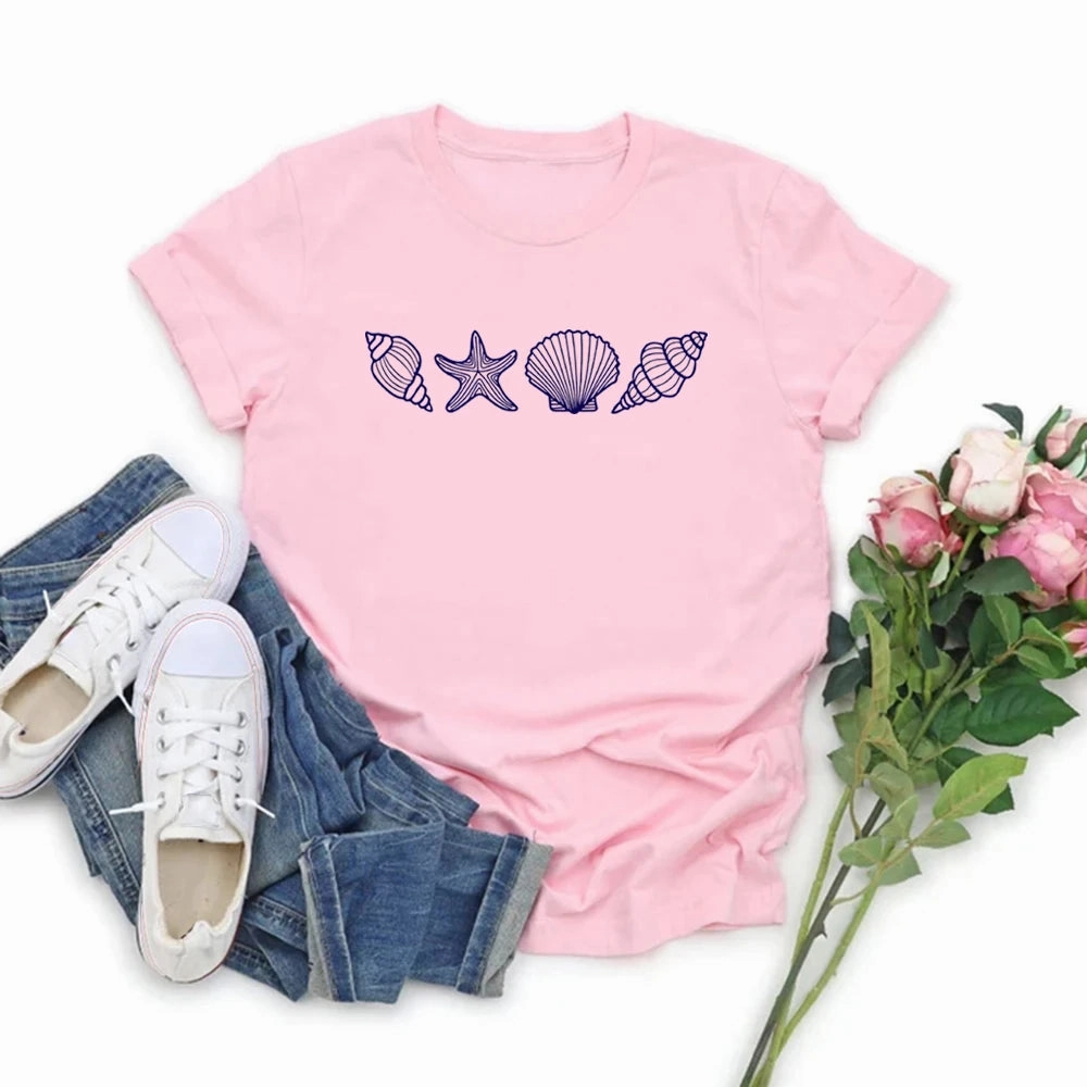 SeaShell Beach T-Shirt for Women Summer Ocean Lover Graphic Tee Short Sleeve Casual Top Vacation Wear