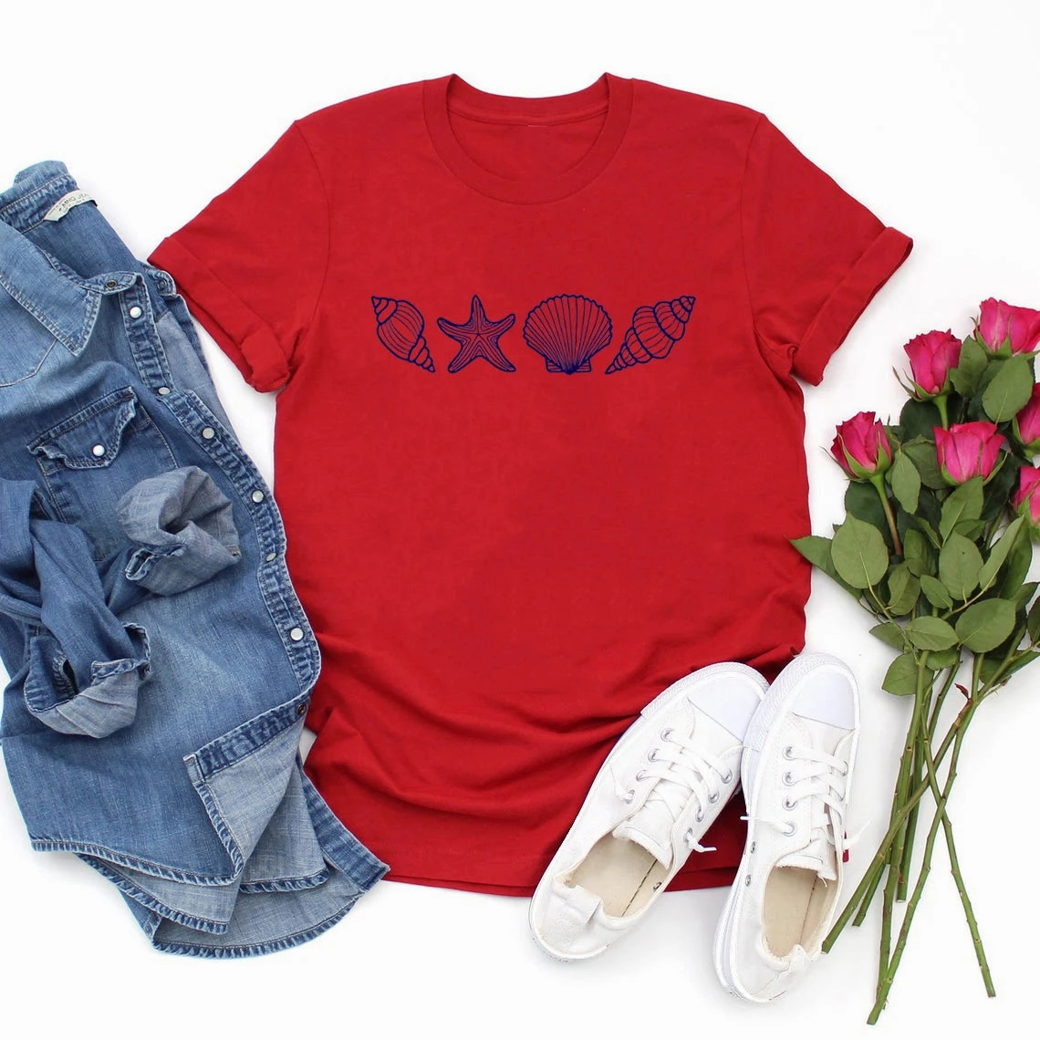 SeaShell Beach T-Shirt for Women Summer Ocean Lover Graphic Tee Short Sleeve Casual Top Vacation Wear