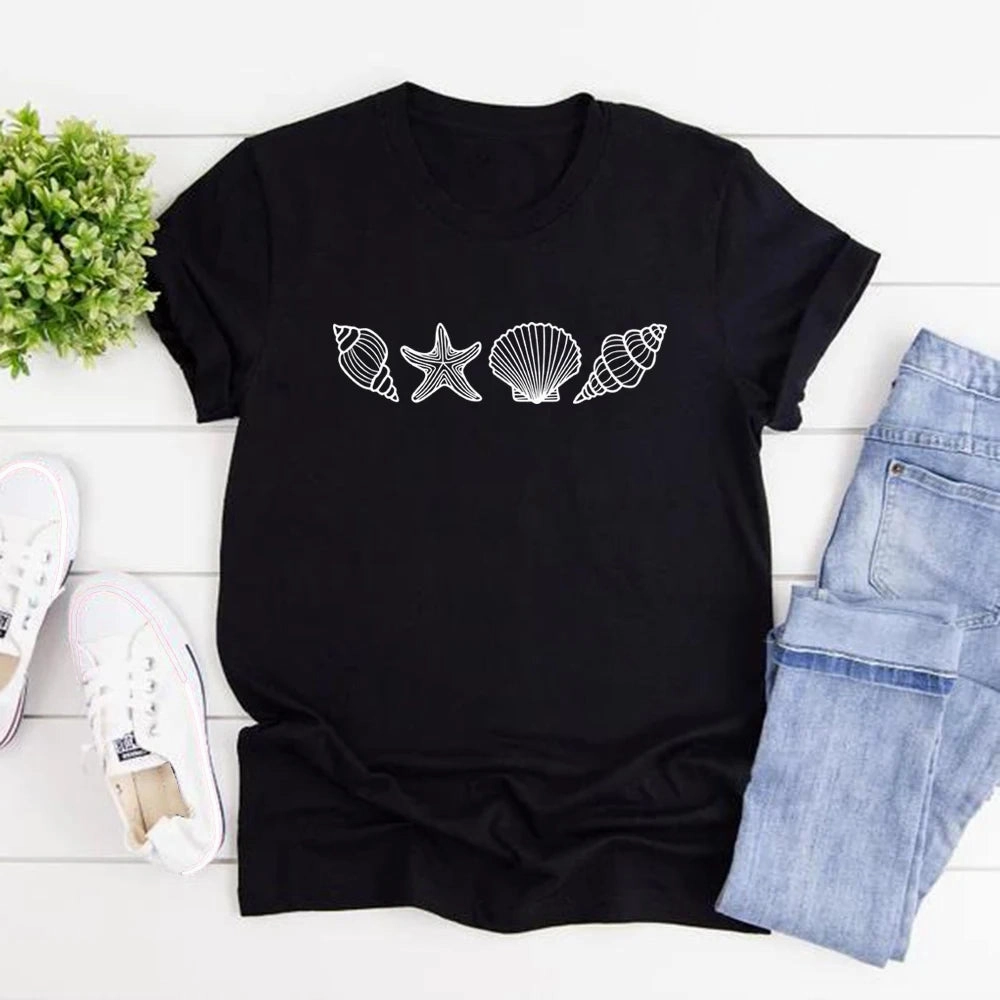 SeaShell Beach T-Shirt for Women Summer Ocean Lover Graphic Tee Short Sleeve Casual Top Vacation Wear