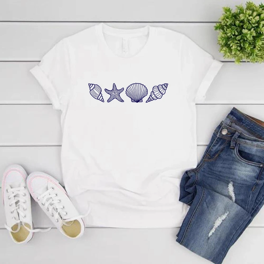 SeaShell Beach T-Shirt for Women Summer Ocean Lover Graphic Tee Short Sleeve Casual Top Vacation Wear