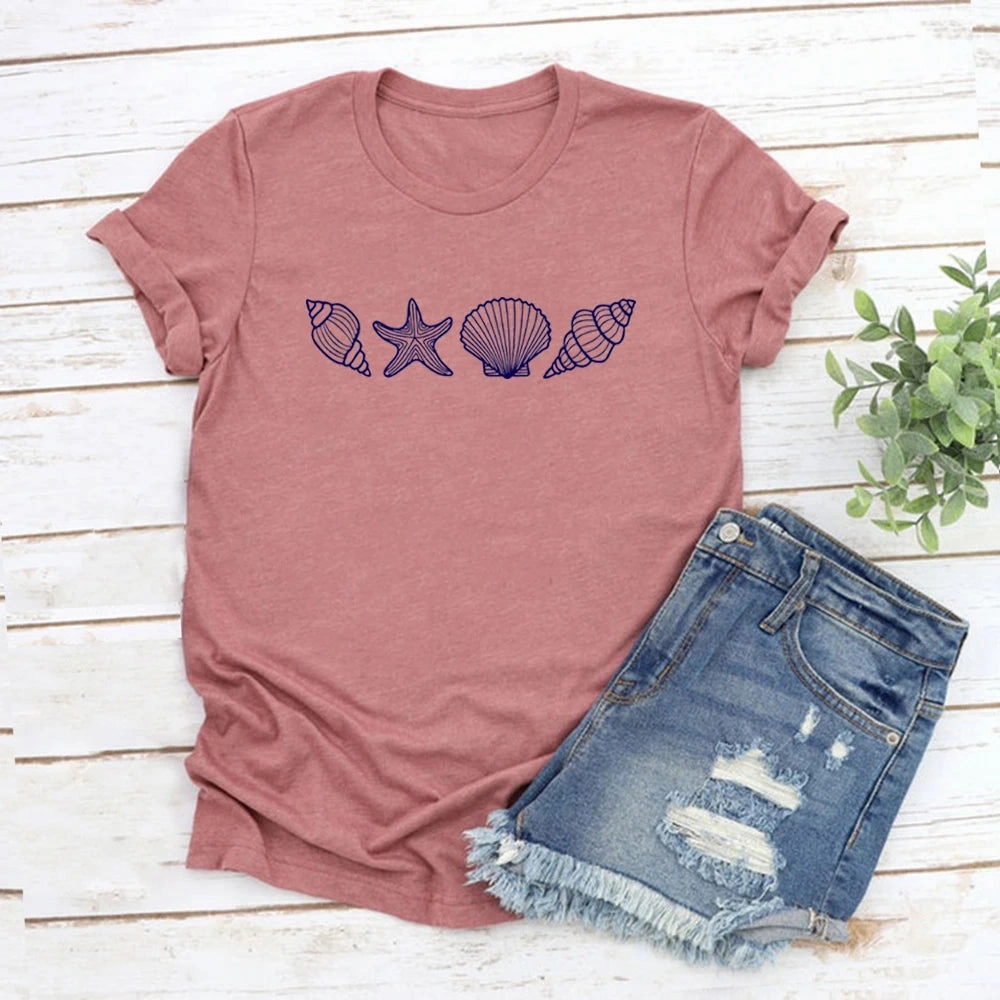 SeaShell Beach T-Shirt for Women Summer Ocean Lover Graphic Tee Short Sleeve Casual Top Vacation Wear