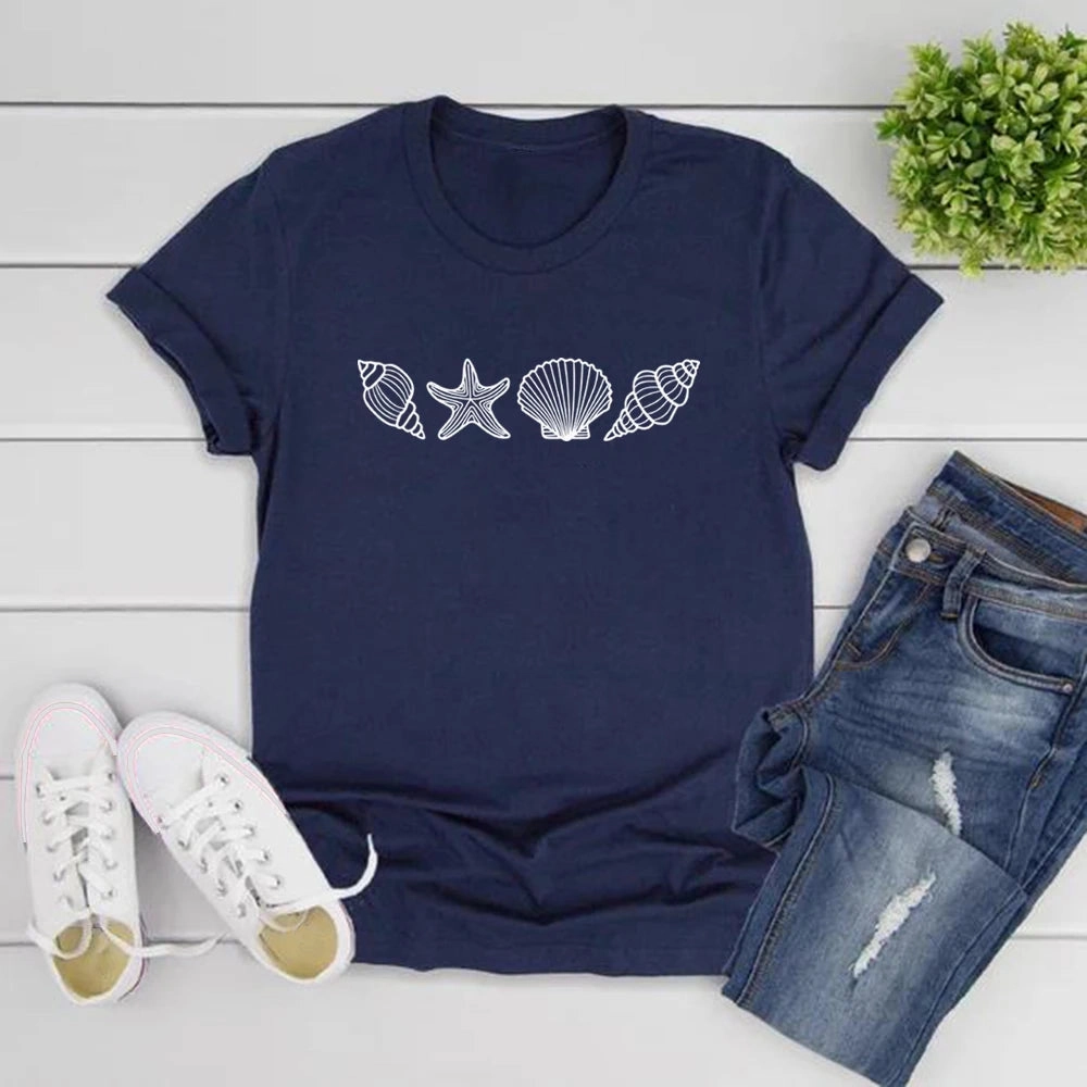 SeaShell Beach T-Shirt for Women Summer Ocean Lover Graphic Tee Short Sleeve Casual Top Vacation Wear