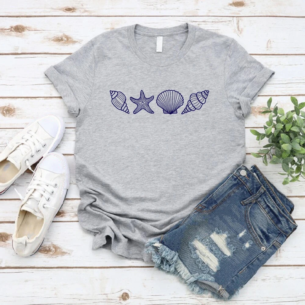 SeaShell Beach T-Shirt for Women Summer Ocean Lover Graphic Tee Short Sleeve Casual Top Vacation Wear
