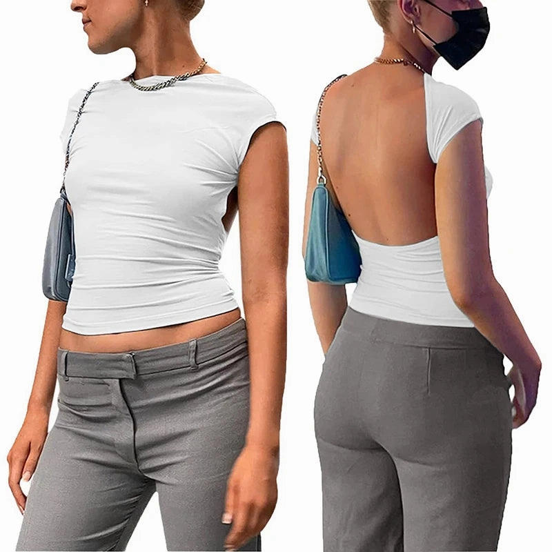 Sexy Backless Black Short Sleeve O-Neck Crop Top for Women
