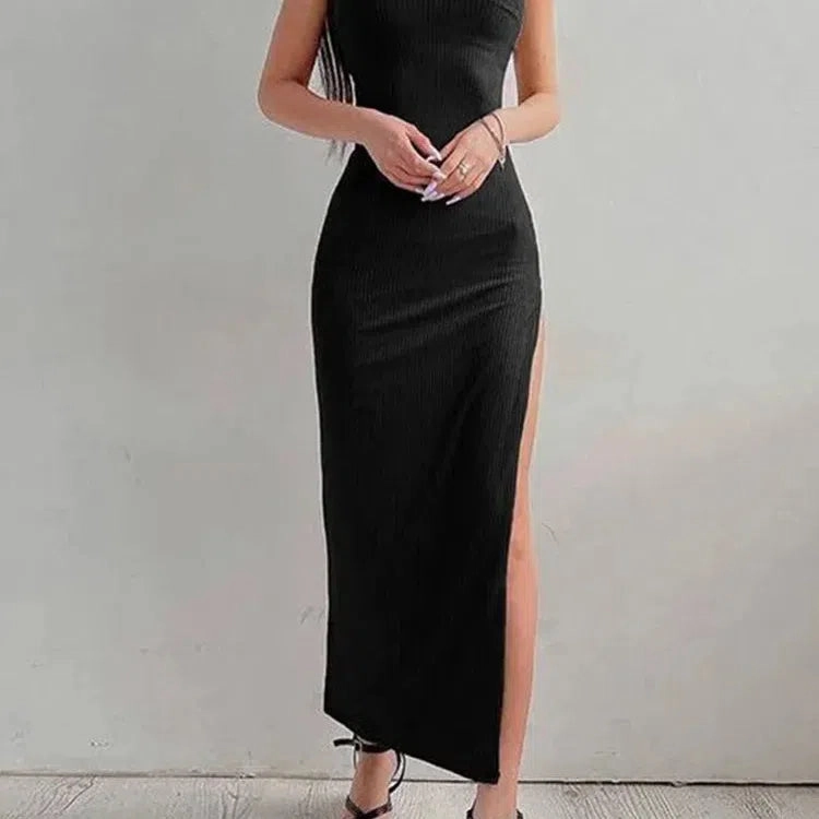 Sexy Black Long Bodycon Dress Women Summer Halter Neck High Split