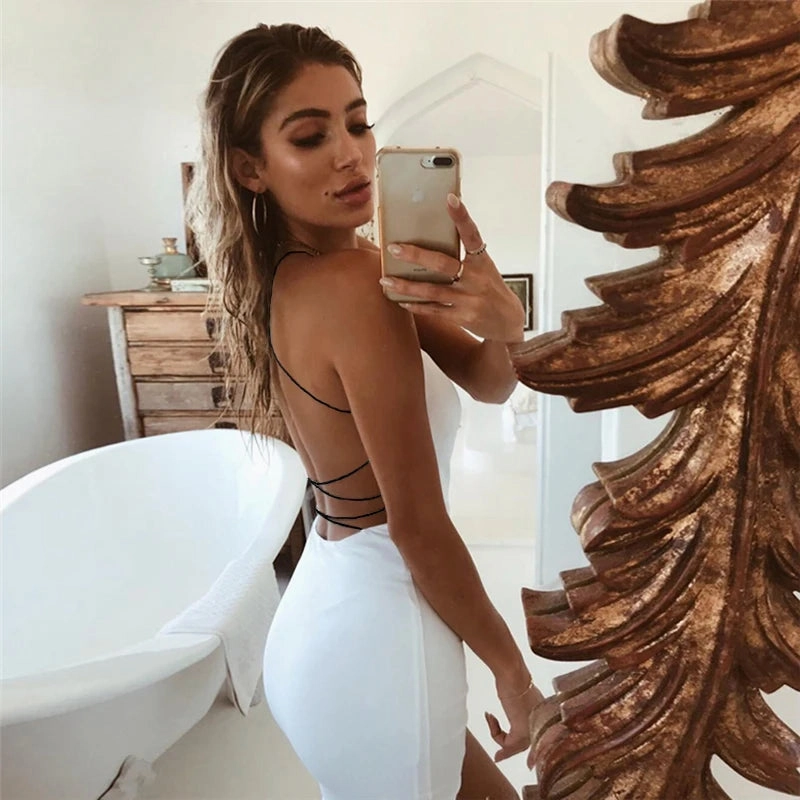 Sexy Clothes Women Cross Bandage Halter Mini Robe Dress