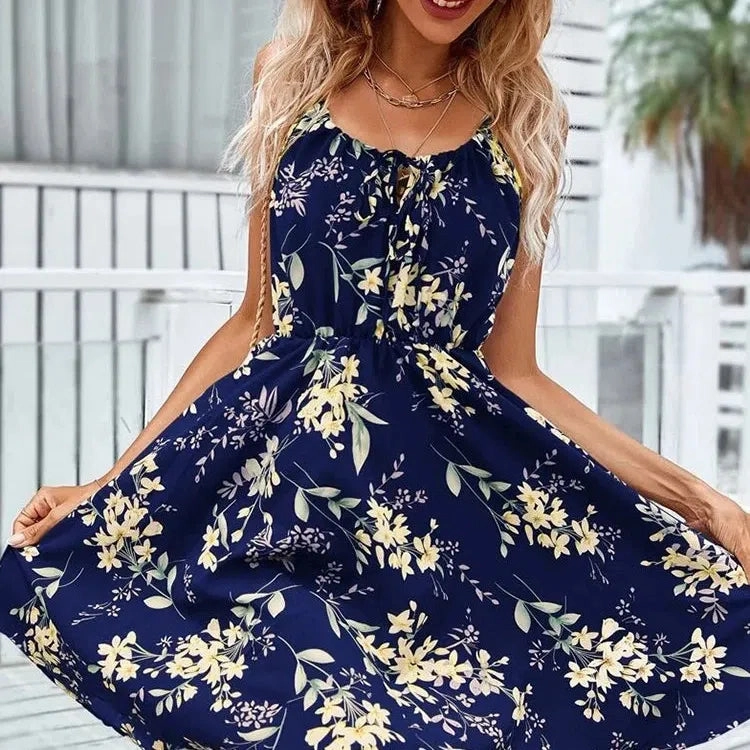 Sexy Floral Print Short Dress Women Summer Fashion Backless Sundress Sleeveless Lace-up Beach Style