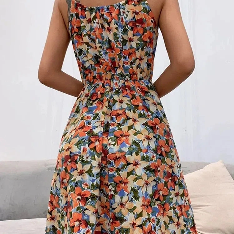 Sexy Floral Print Short Dress Women Summer Fashion Backless Sundress Sleeveless Lace-up Beach Style
