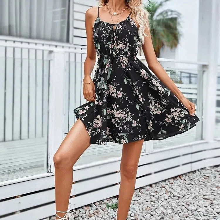 Sexy Floral Print Short Dress Women Summer Fashion Backless Sundress Sleeveless Lace-up Beach Style