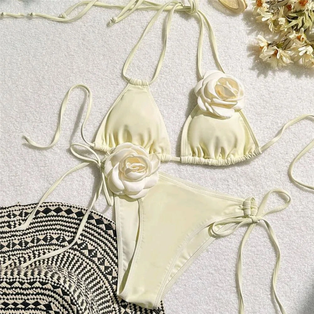 Sexy Flower Bandeau Swimwear Thong Bikini Women Lace-up Set