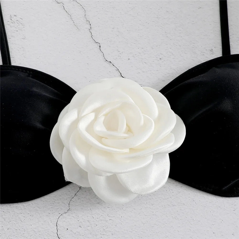Sexy Flower Bandeau Swimwear Thong Bikini Women Lace-up Set