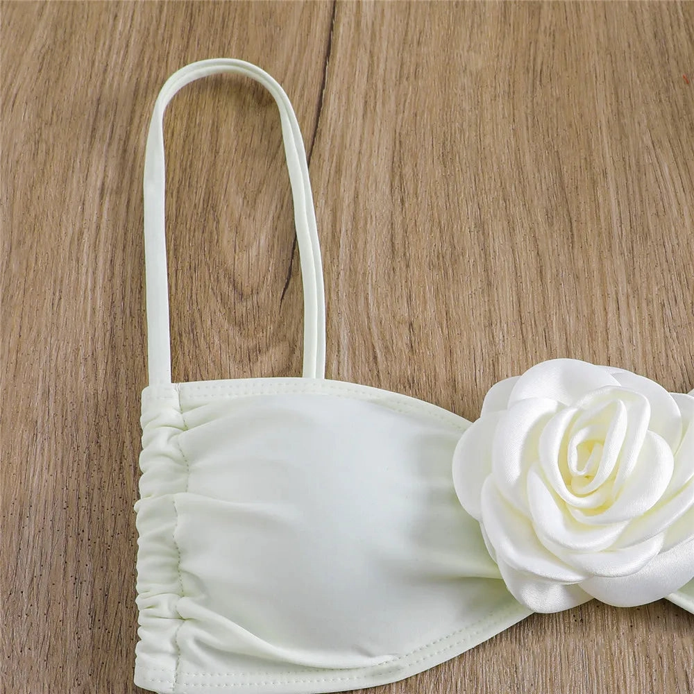 Sexy Flower Bandeau Swimwear Thong Bikini Women Lace-up Set