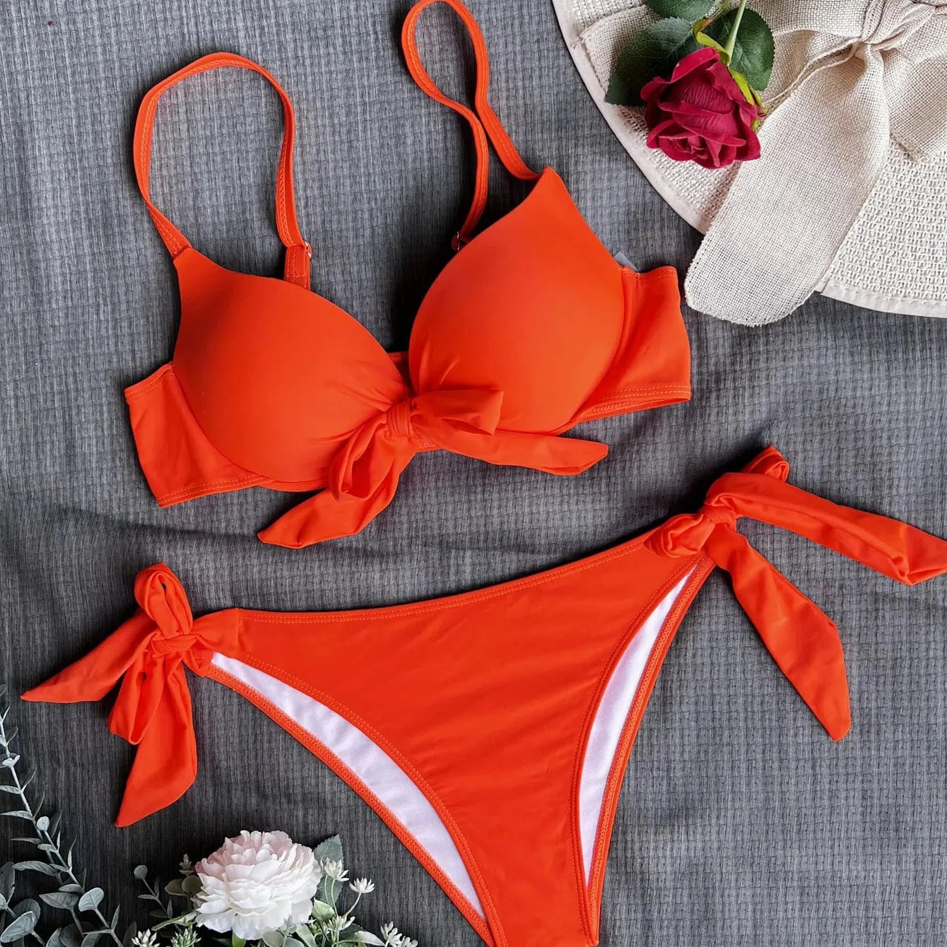 Sexy Front Bow Knot Push Up Bikinis Two Piece Solid Swimsuit