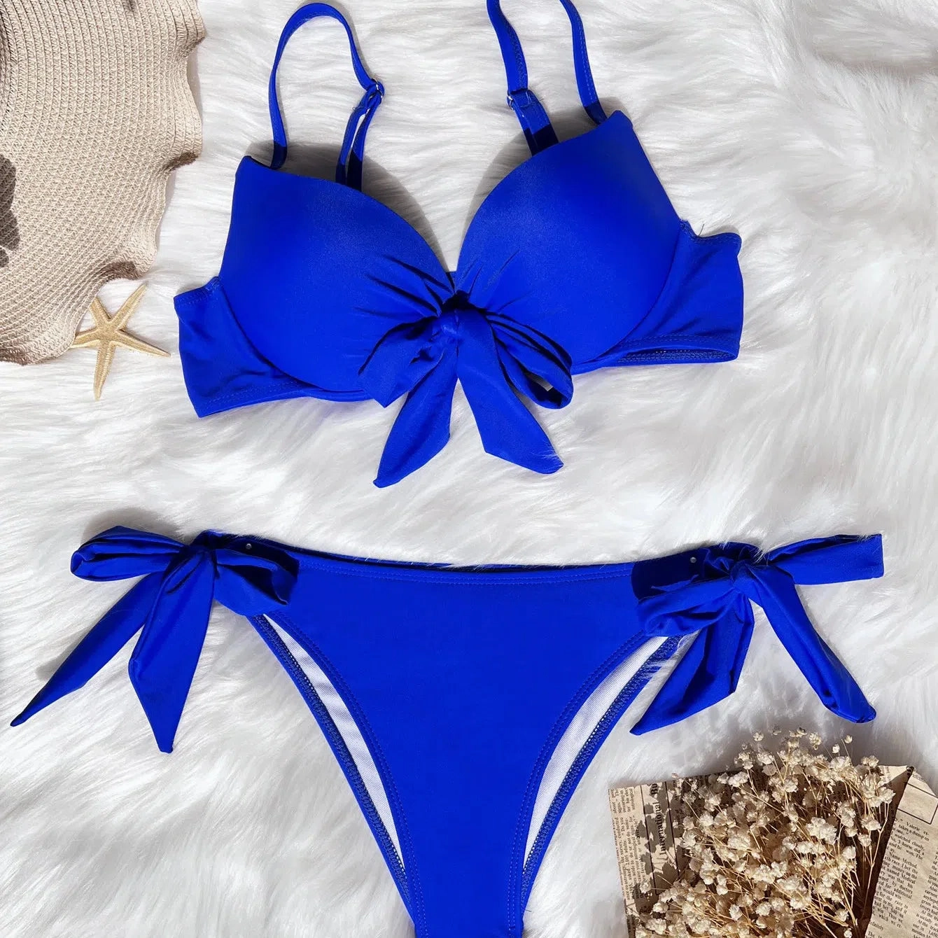 Sexy Front Bow Knot Push Up Bikinis Two Piece Solid Swimsuit