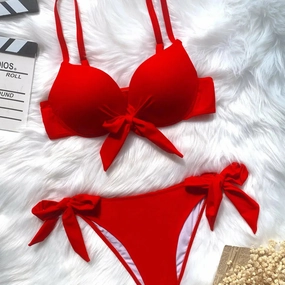 Sexy Front Bow Knot Push Up Bikinis Two Piece Solid Swimsuit