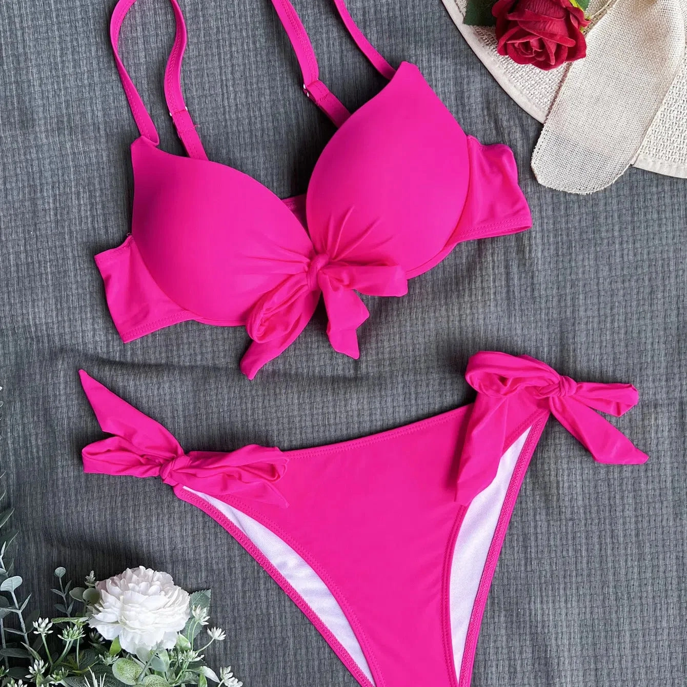 Sexy Front Bow Knot Push Up Bikinis Two Piece Solid Swimsuit