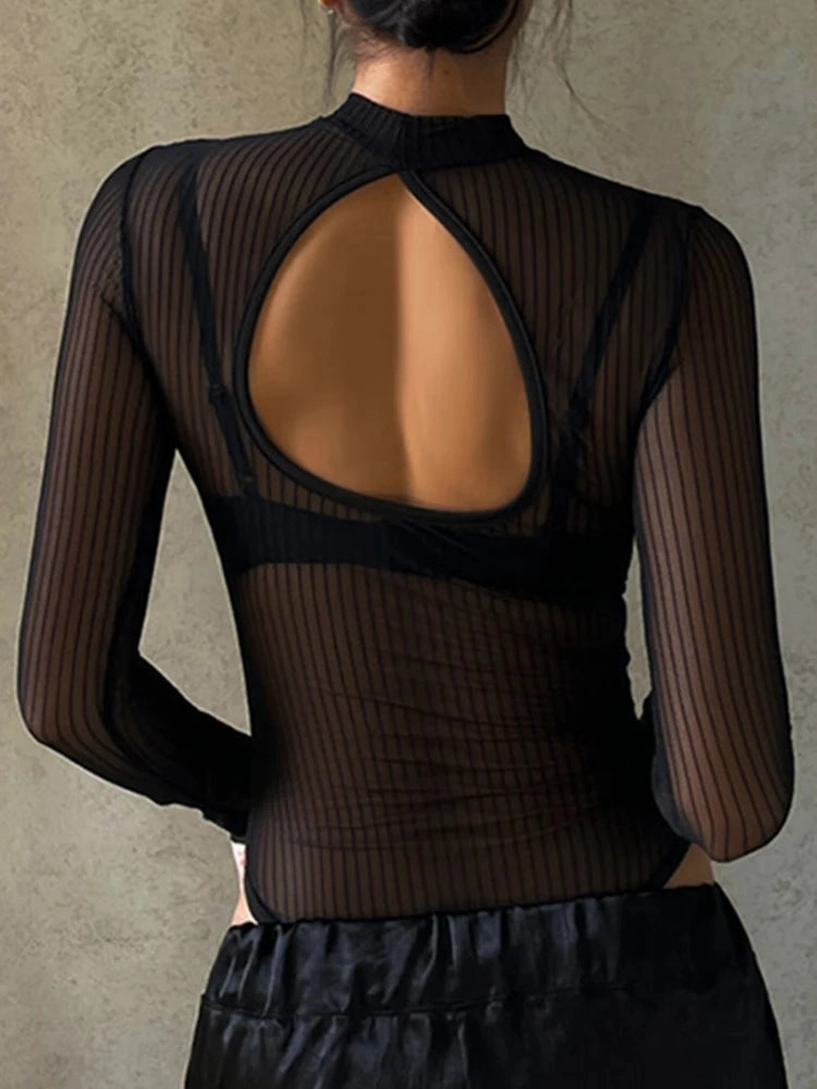 Sexy Gothic Mesh Long Sleeve Bodysuit for Club Fashion