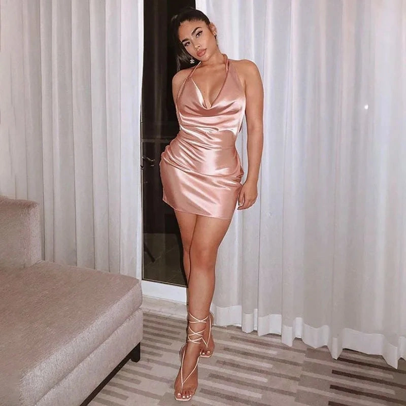 Sexy Halterneck Swing Collar Satin Dress Sleeveless Mini
