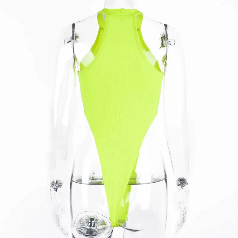 Sexy High Street Bodycon Neon Bodysuits Sleeveless Backless Summer Party Jumpsuit