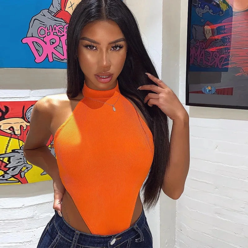 Sexy High Street Bodycon Neon Bodysuits Sleeveless Backless Summer Party Jumpsuit