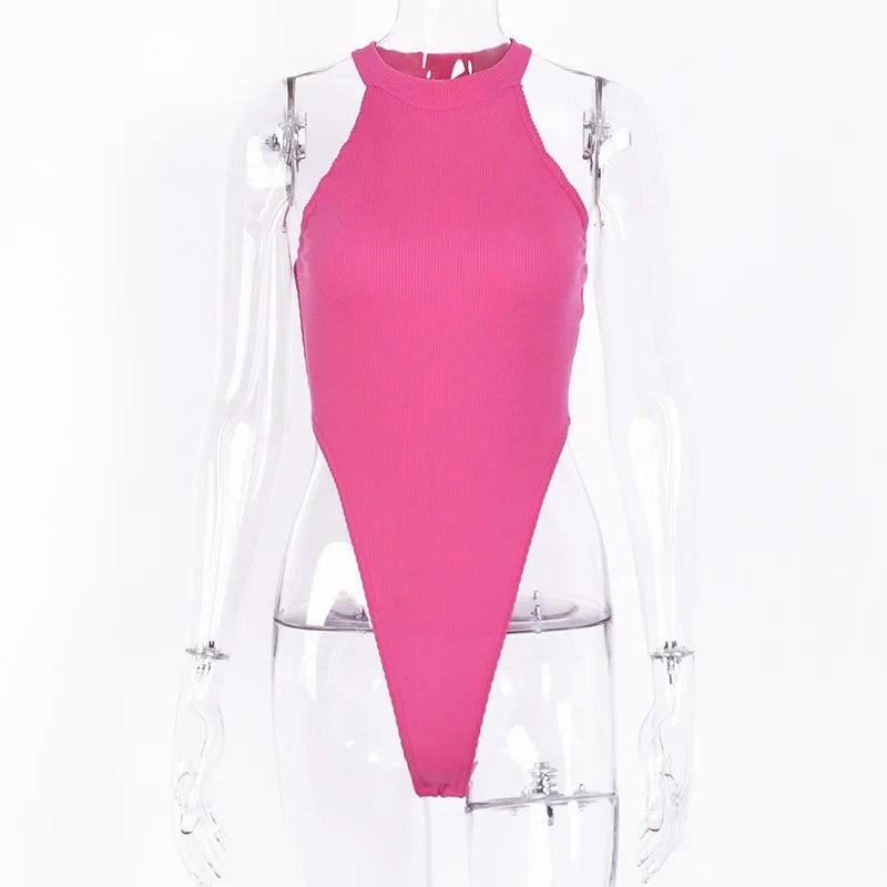 Sexy High Street Bodycon Neon Bodysuits Sleeveless Backless Summer Party Jumpsuit