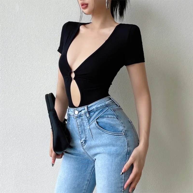 Sexy Hollow Out Bodysuit Y2K Short Sleeves Slim Fit Black Summer Club Wear