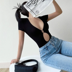 Sexy Hollow Out Bodysuit Y2K Short Sleeves Slim Fit Black Summer Club Wear