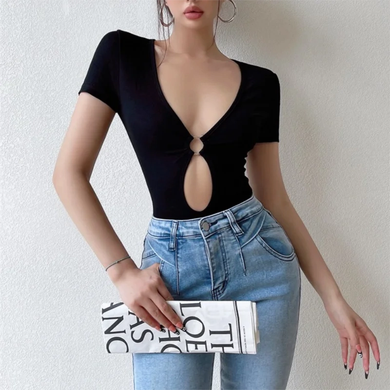 Sexy Hollow Out Bodysuit Y2K Short Sleeves Slim Fit Black Summer Club Wear
