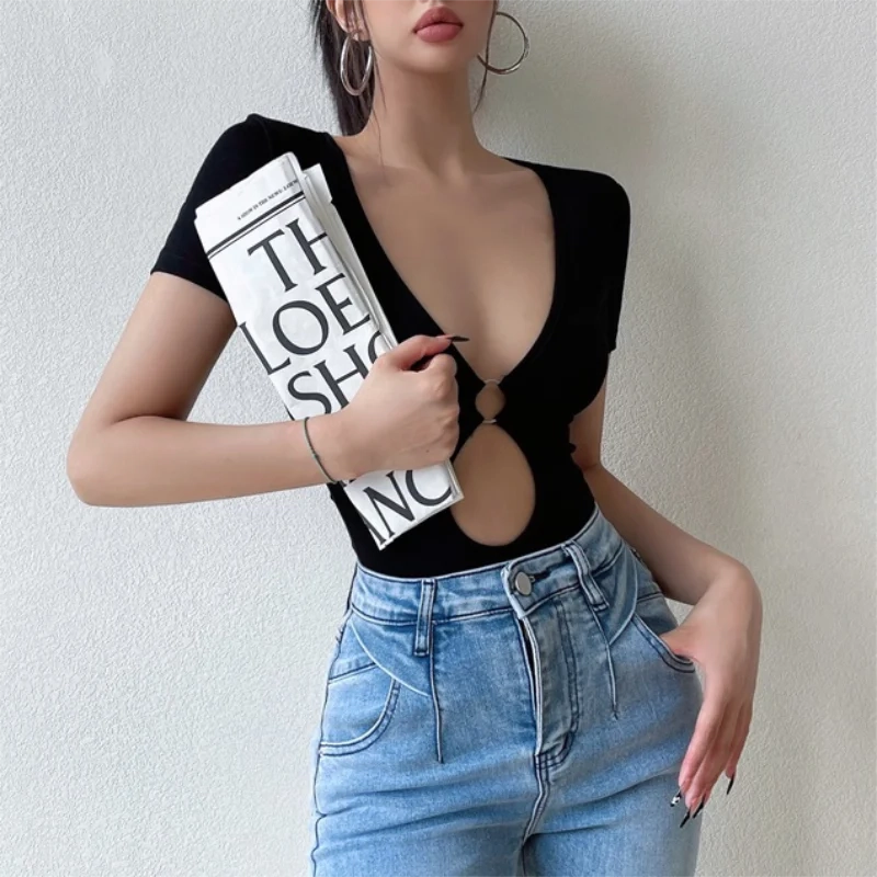 Sexy Hollow Out Bodysuit Y2K Short Sleeves Slim Fit Black Summer Club Wear