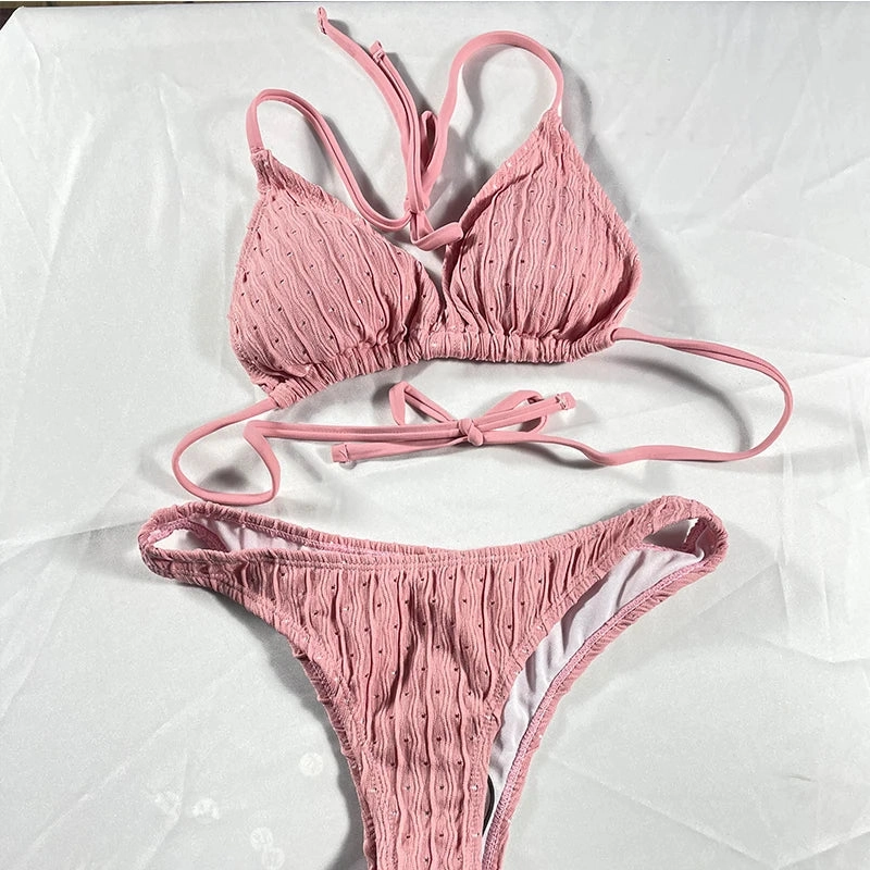 Sexy Jacquard Drawstring Two Piece Swimsuit Women Bikini Set