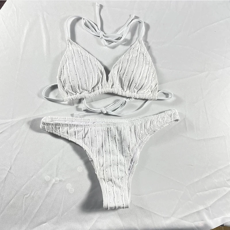 Sexy Jacquard Drawstring Two Piece Swimsuit Women Bikini Set