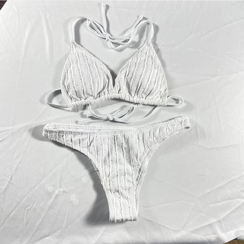 Sexy Jacquard Drawstring Two Piece Swimsuit Women Bikini Set