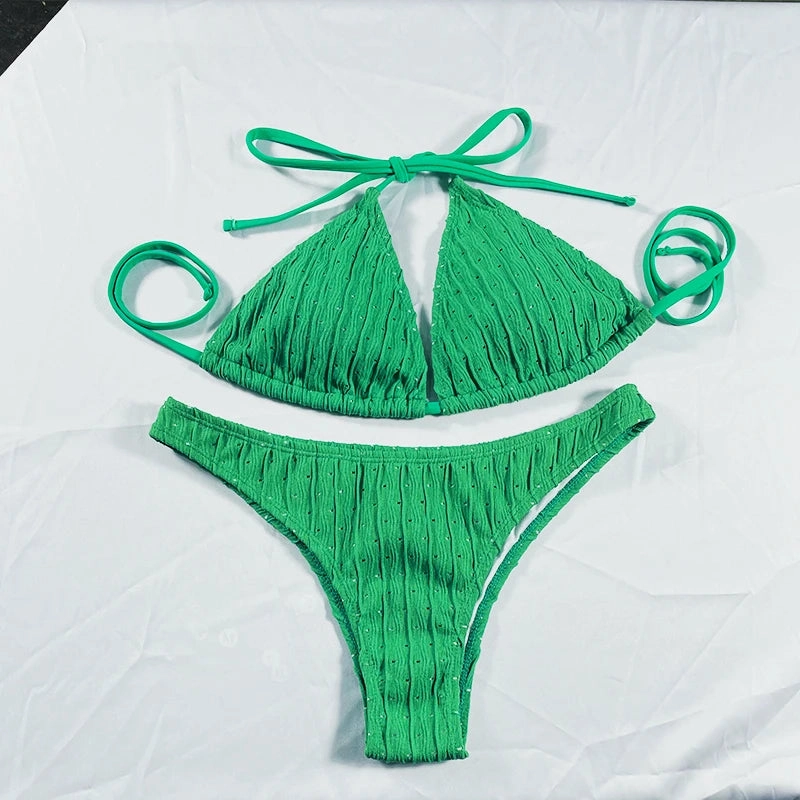 Sexy Jacquard Drawstring Two Piece Swimsuit Women Bikini Set
