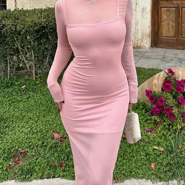 Sexy Mesh Maxi Dress Women Set 2 Piece Long Sleeve Turtleneck Elegant Party Dress