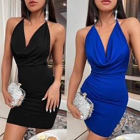 Sexy Mini Dress Lace Up Strap Pure Silod Elegant Y2K V Neck