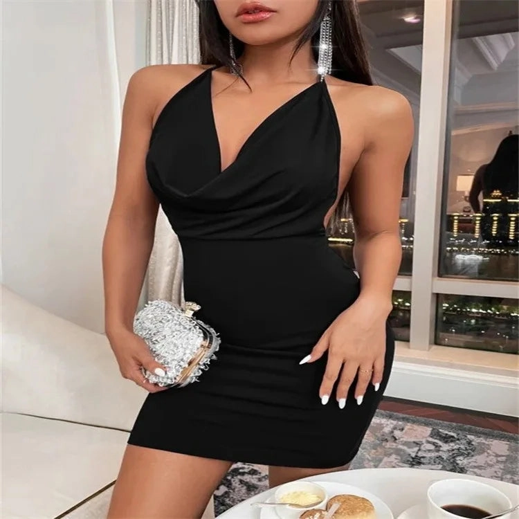 Sexy Mini Dress Lace Up Strap Pure Silod Elegant Y2K V Neck