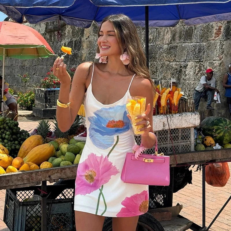 Sexy Mini Dress Women Summer O-Neck Backless Print Casual