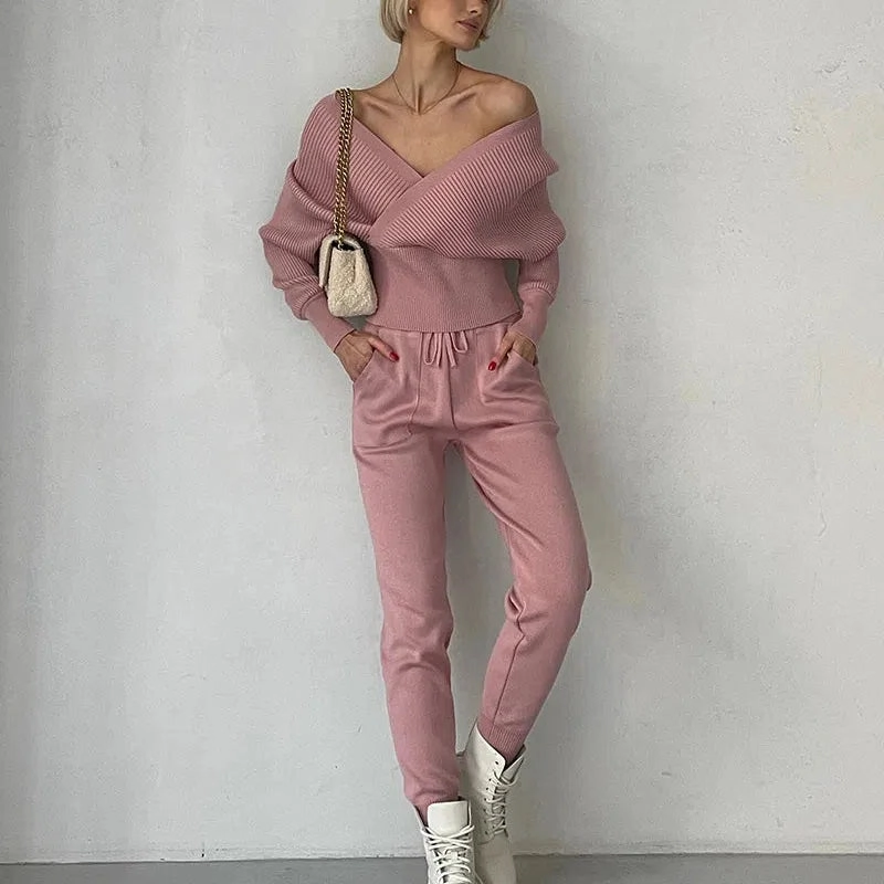 Sexy Off Shoulder Knitted Two Piece Set Women Long Sleeve Outfit