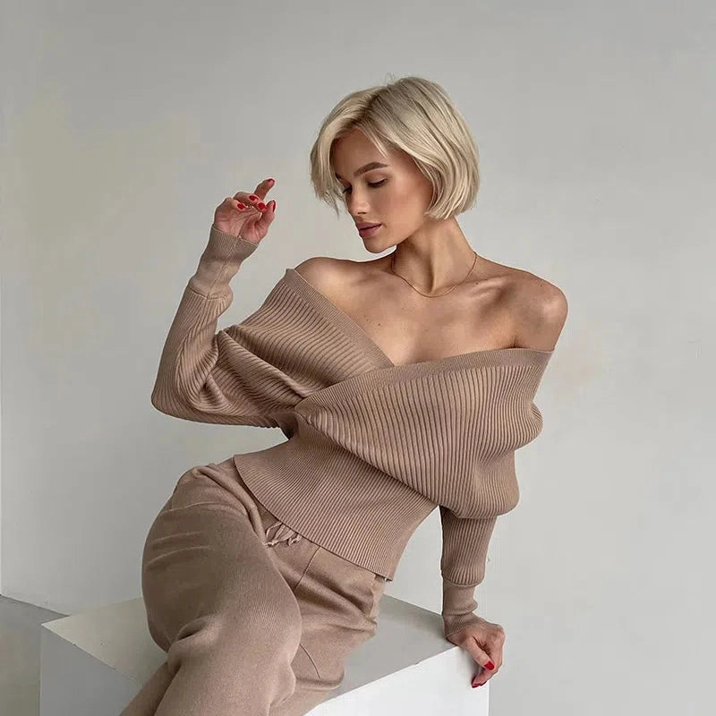 Sexy Off Shoulder Knitted Two Piece Set Women Long Sleeve Outfit