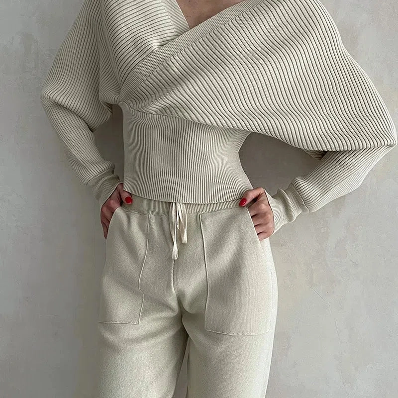 Sexy Off Shoulder Knitted Two Piece Set Women Long Sleeve Outfit