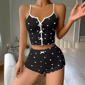 Sexy Sleepwear Women Pajamas Set Heart Print V-Neck Cami Top and Shorts Loungewear for Summer Comfort