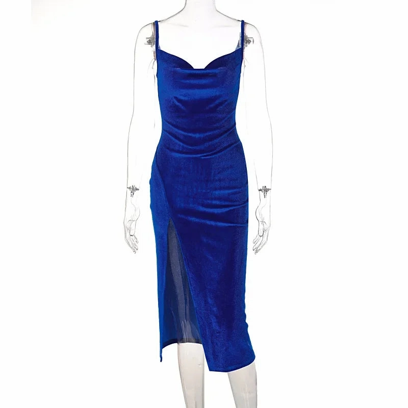 Sexy Slit Women Summer Velvet Midi Bodycon Dress Sleeveless